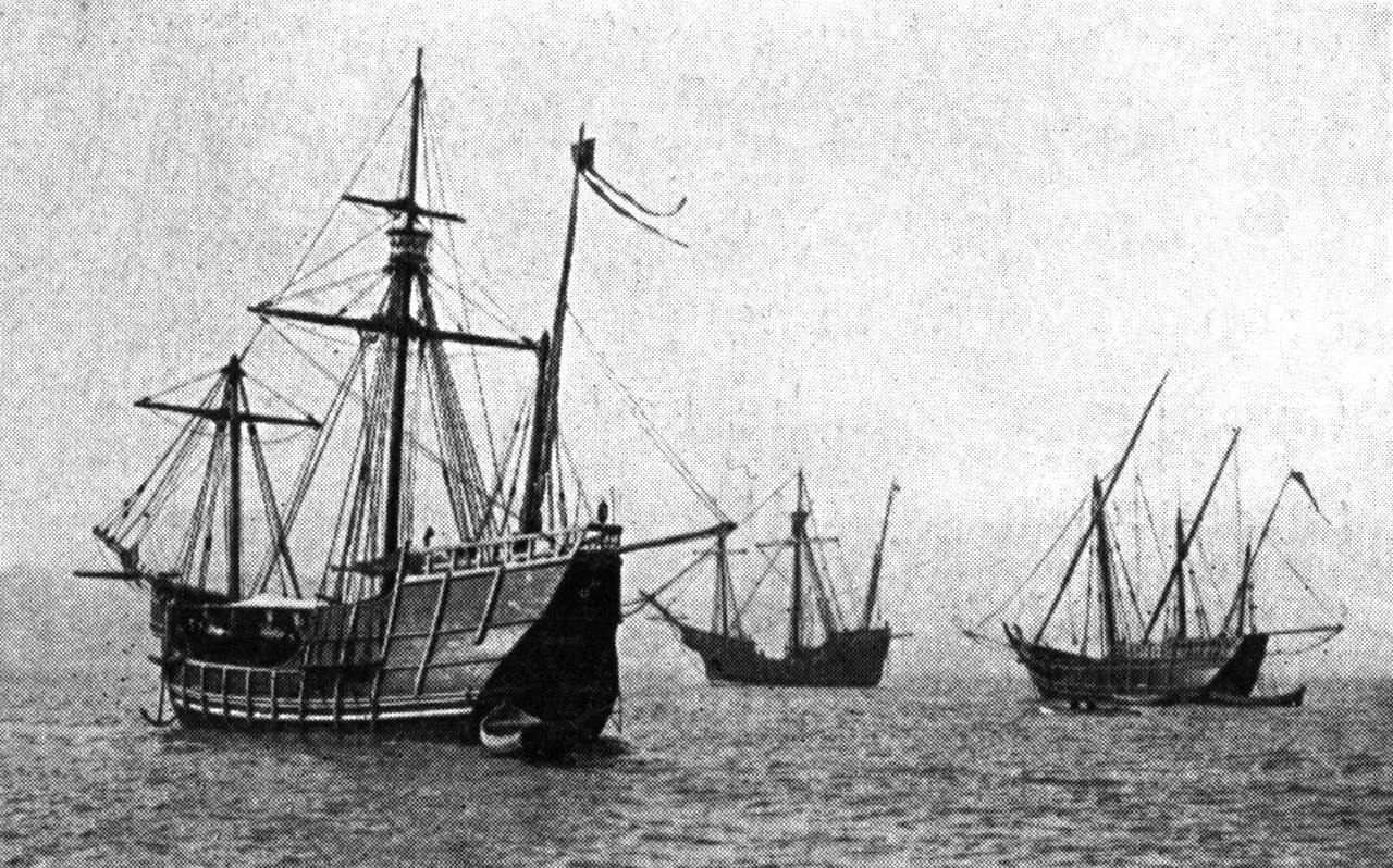 Replicas of the Caravels Pinta, Niña and the carrack Santa Maria.  Lying in the North River, New York.  The two caravels and the carrack which crossed from Spain to be present at the World's Fair at Chicago.