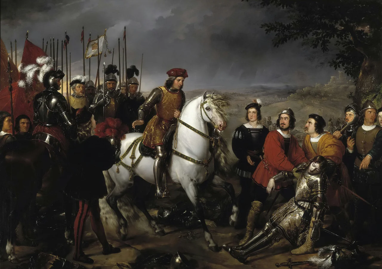 El lienzo muestra a Gonzalo Fernández de Córdoba (1453-1515), conocido como "el Gran Capitan", contemplando el cadáver del Duque de Nemours, comandante del ejército francés en la batalla de Ceriñola, en la que el ejército francés resultó derrotado y el Duque de Nemours perdió la vida.