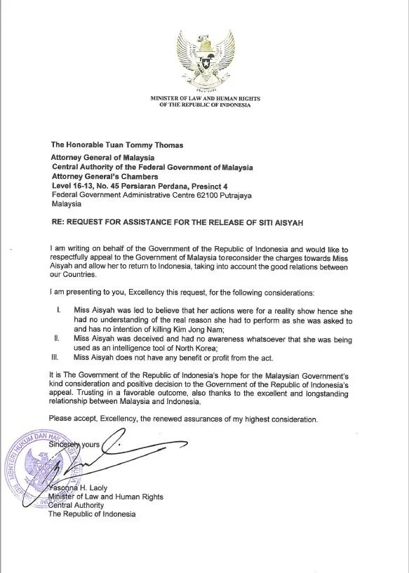 Letter requesting for the release of Siti Aisyah in the Kim Jong-nam assassination as been delivered to the Malaysian Attorney General.