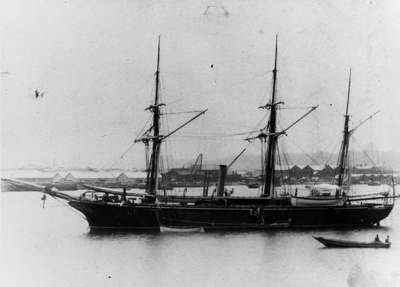 German gunboat SMS Iltis, photographed somewhere in East Asian waters, probably not long before her loss on July 23, 1896 in a typhoon in the Yellow Sea.